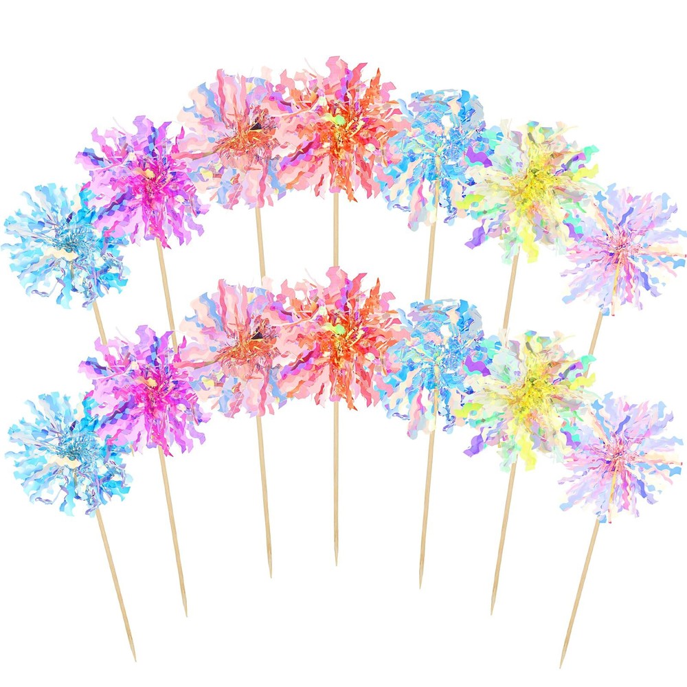 14 Pcs Happy Birthday Cake Toppers Foil Firework Cupcake Toppers Sparkle Tinsel