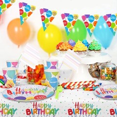 Multicolor Birthday Party Essentials Set for 25 Paper Plates Cups Napkins Banner