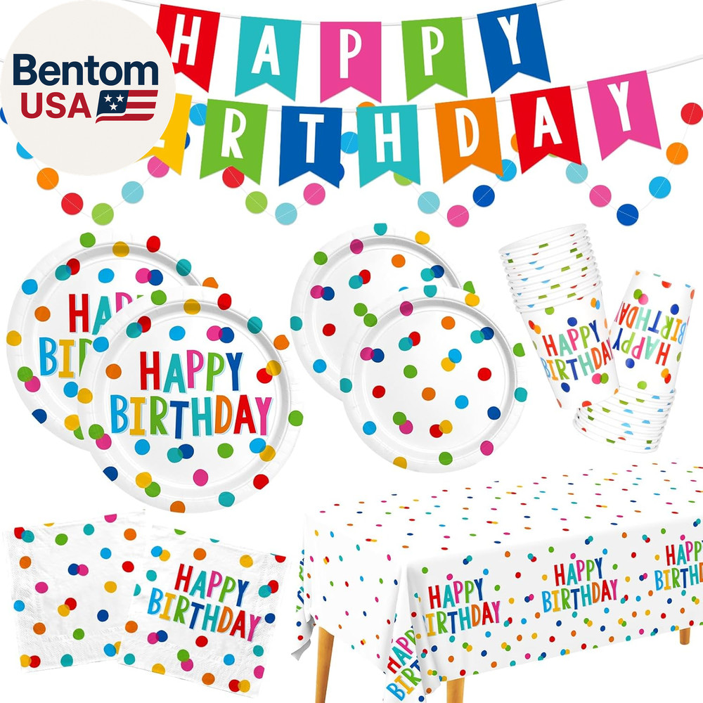 Happy Birthday Decorations: Happy Birthday Party Supplies Set with Birthday Dots