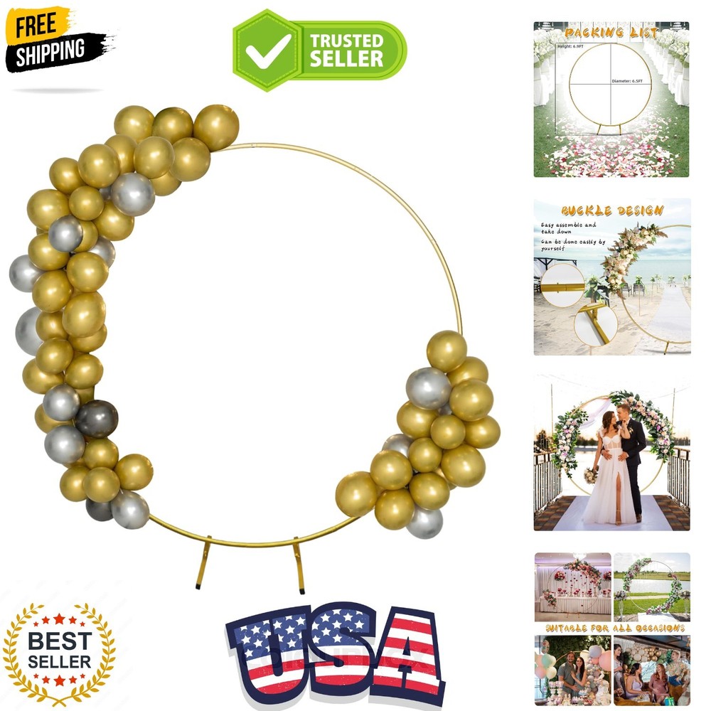 Round Backdrop Stand Circle Arch, 6.5ft Golden Metal Balloon Arch Kit for Par…