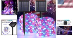 Red, White & Blue Solar Fairy String Lights – 200 LEDs, 66ft Waterproof Magic