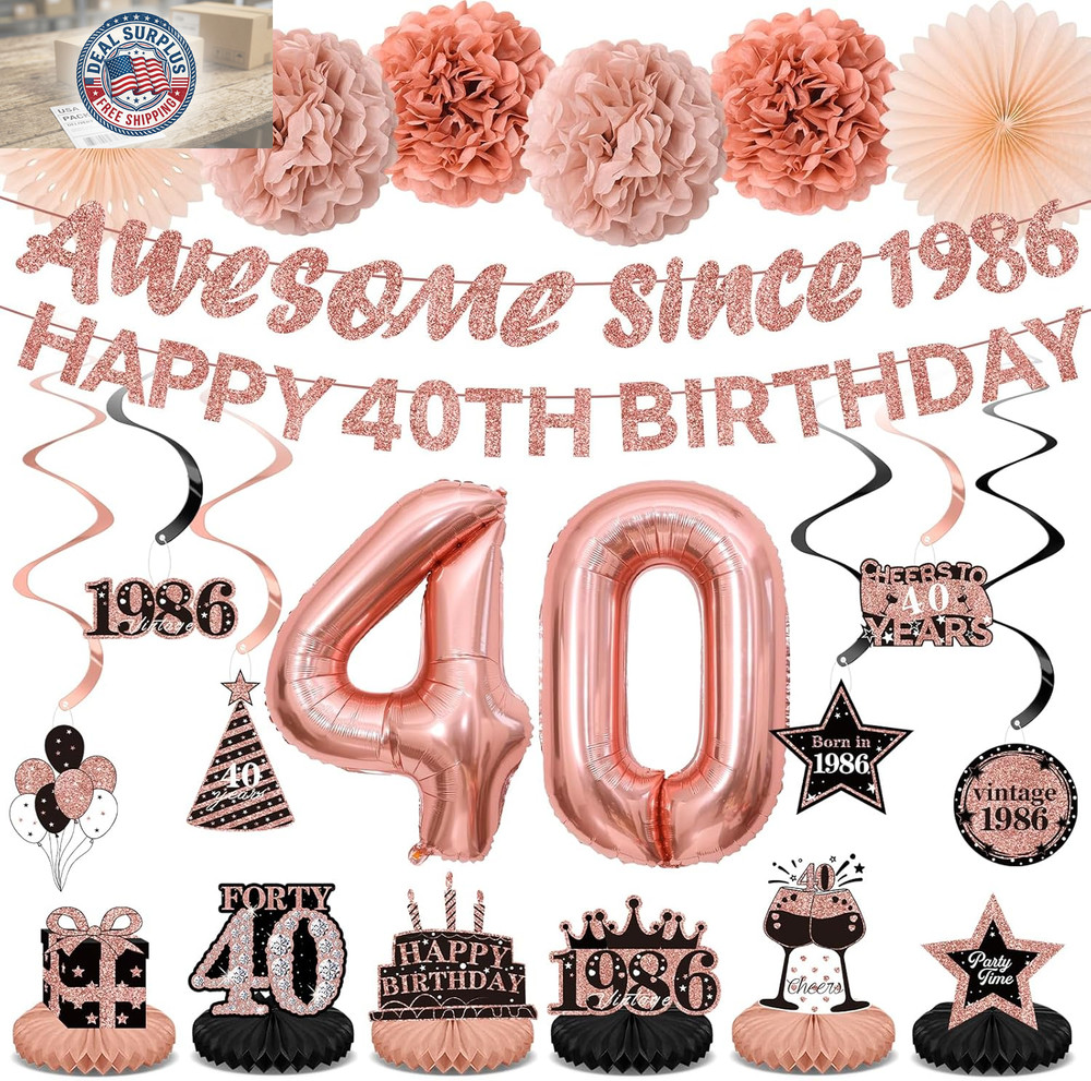 40Th Birthday Decorations Kit for Women, Rose Gold Happy 40Th Birthday Banner, A