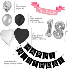 18th Birthday Decorations – Silver and Black Theme – Balloons, Banner – Him Her