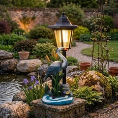 For Outdoor Solar Crane Statue with Warm LED Lantern 13.6in Height Resin