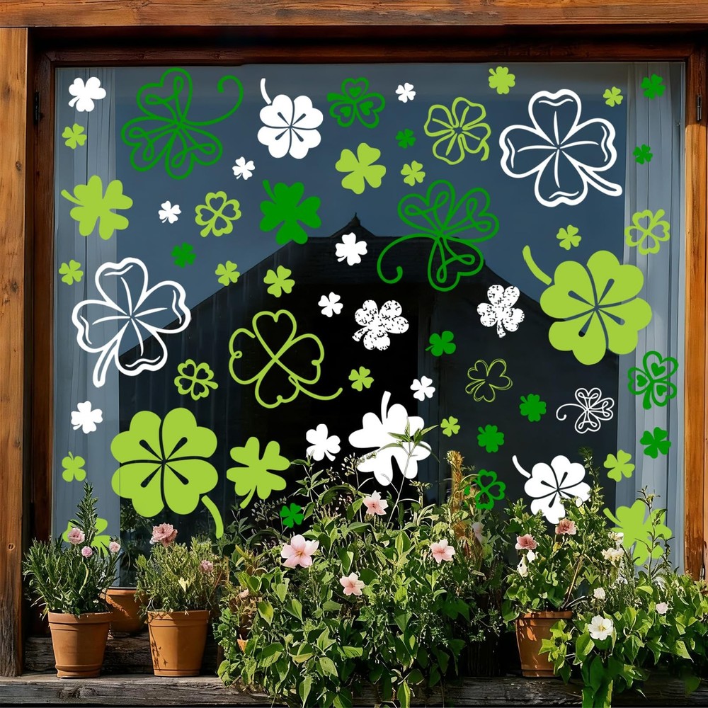 9 Sheets St. Patrick’s Day Shamrock Window Cling Stickers Window Decals Green Wh