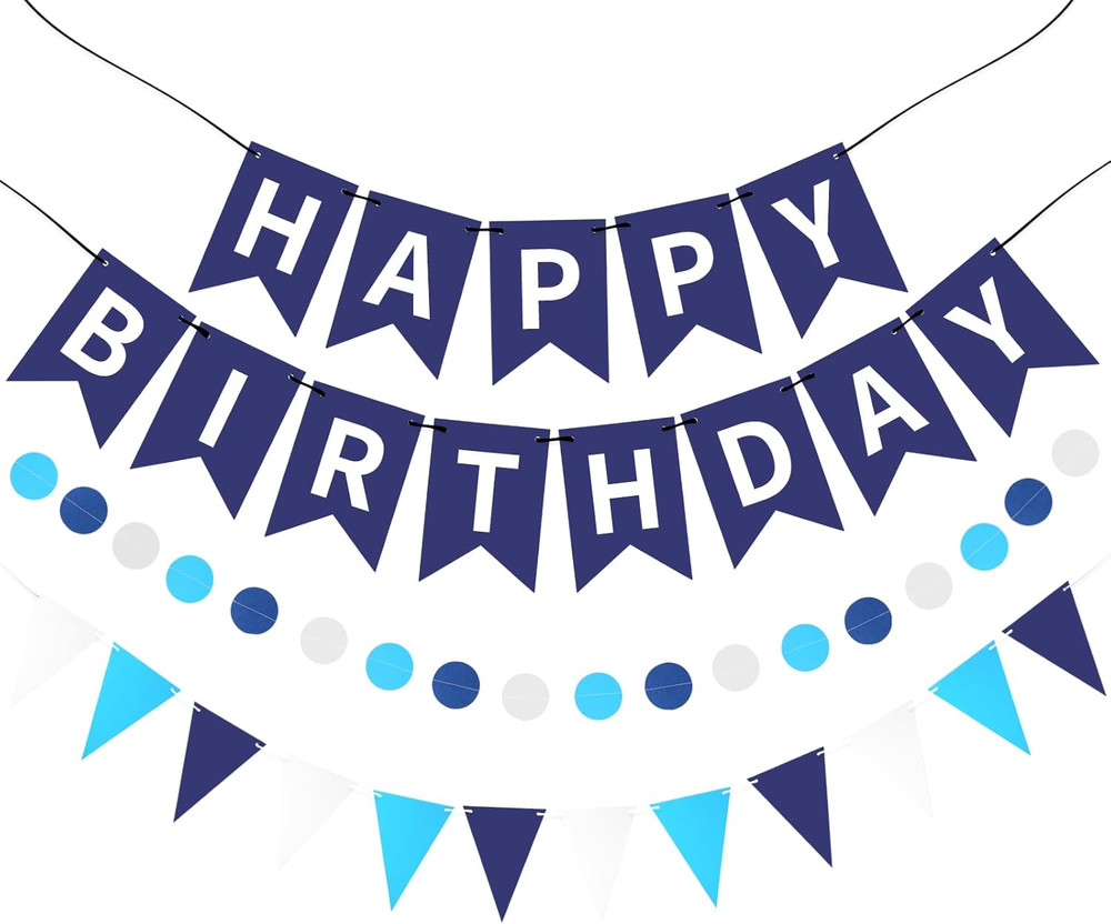 Blue Happy Birthday Banner, Happy Birthday Decorations Hanging Birthday Sign Cir