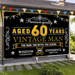 60Th Birthday Banner Decorations, Vintage 60 Men Party Backdrop | Black Gold Hap