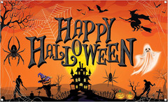 Orange Happy Halloween Banner – XtraLarge 72×44 Inch | Pumpkin Backdrop for Part