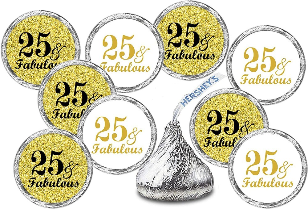 25 & Fabulous Birthday Gold Kisses Stickers, (Set of 216) Chocolate Drops Labels