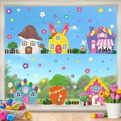 6 Sheets Easter Window Cling Decorations, 81 PCS Cute Cartoon House Bunny Flower