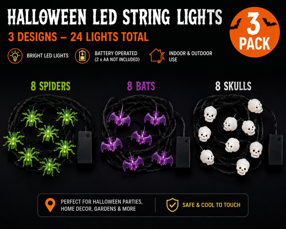 Set of 3 Halloween LED String Lights Skull/Spider/Bat Outdoor/Indoor Party Decor