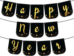 Black 10ft Happy New Banner 2026 Gold Foil Decorative Sign