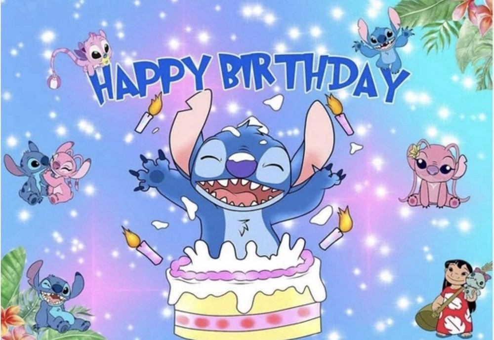 5×3 Stitch and Angel Happy Birthday Backdrop Banner Party Decoration