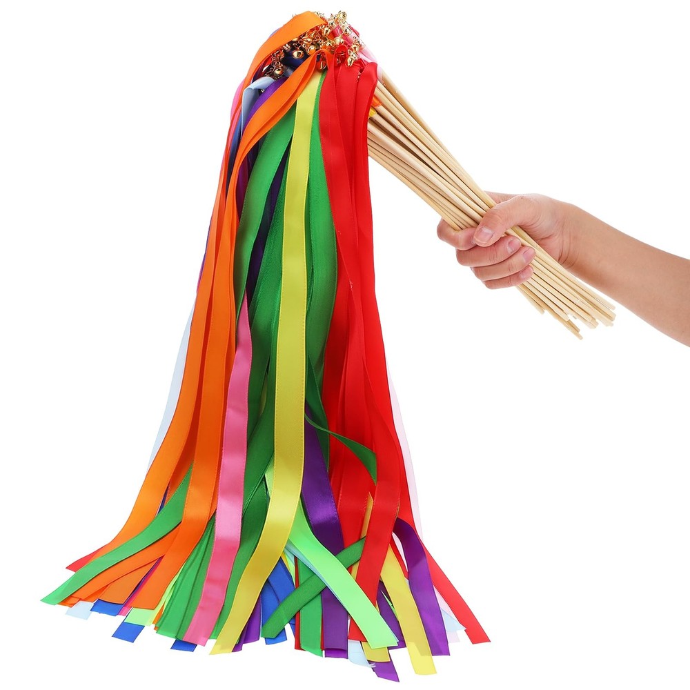 50 Pcs Multi-Color Ribbon Sticks Streamers Sticks with Gold Bell, Chromatic S…