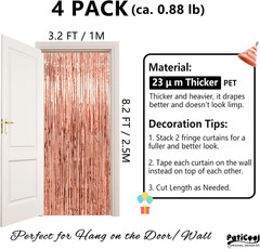 Thicken Rose Gold Tinsel Backdrop 4 Pack 13.2X8.2 FT, Foil Fringe Curtains, Birt