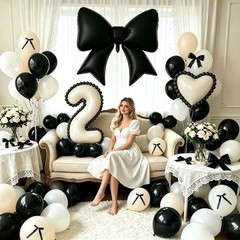 Black Bow 2nd Decorations, White Sand Black Balloons with Bow Heart Number 2 …
