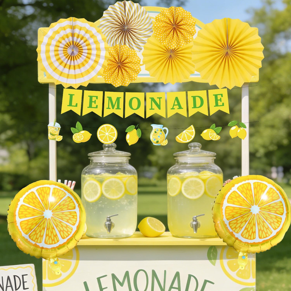 Lemonade Stand Party Decorations – 10PCS Lemonade Stand Banner Paper Fans Balloo