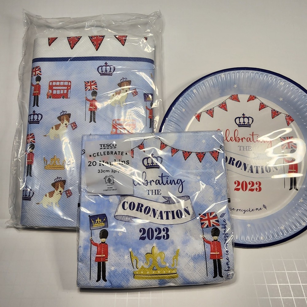 Tesco King Charles Coronation Party Set Bag Plate Napkin Tablecloth Flag Dog