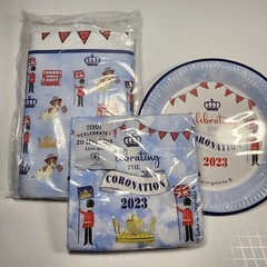 Tesco King Charles Coronation Party Set Bag Plate Napkin Tablecloth Flag Dog
