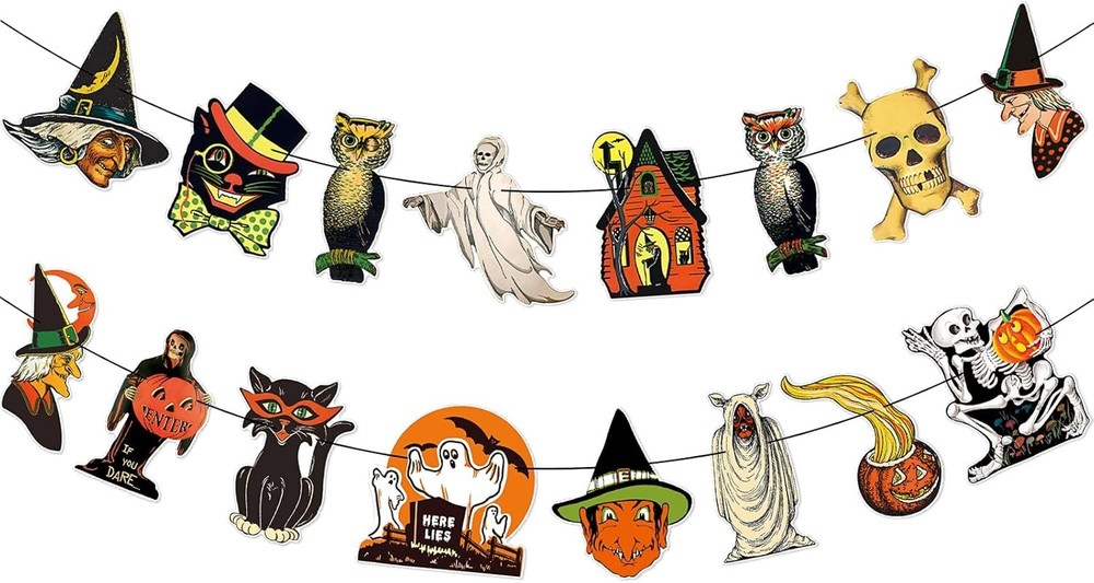 Vintage Halloween Garland Banner Decorations, Retro Orange and Black