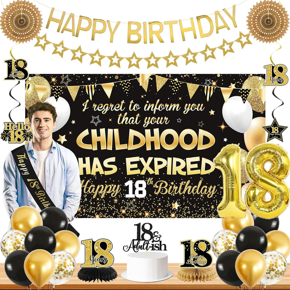 18th Birthday Decorations Boys Girls, Black Gold Happy 18th Birthday Banner Sash