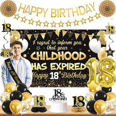 18th Birthday Decorations Boys Girls, Black Gold Happy 18th Birthday Banner Sash