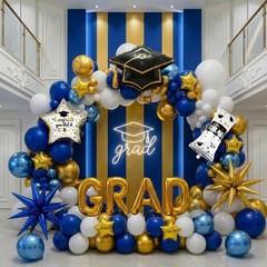 Blue White Gold Graduation Balloon Garland Arch Kit with Graduation Star prin…
