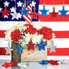 Festive 24PC Patriotic Star Decorations in Red, Silver & Blue – Pre-Hung Design