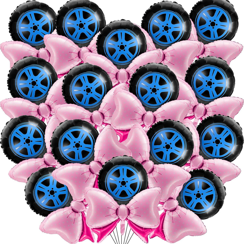 16Pcs Pink Aluminum Foil Balloons, 18″ Wheels & Bow Balloons Set for Gender Reve