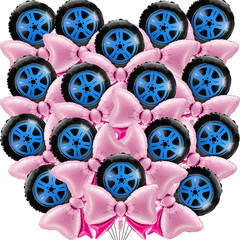 16Pcs Pink Aluminum Foil Balloons, 18″ Wheels & Bow Balloons Set for Gender Reve