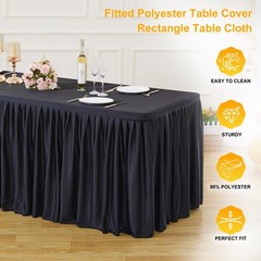 Black Polyester Table Clothes for 8 Foot Rectangle Tables, Wrinkle Free Fitted T