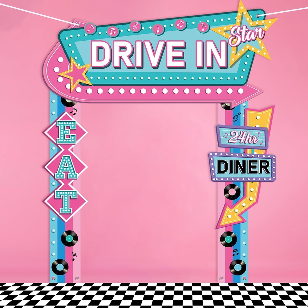 4Pcs 50s Party Decorations 50s Diner Party Banner Black White Checkered Runne…