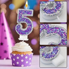 Lurevian K-pop Number 5 Birthday Candle, Star Glitter Filled 5, silver-purple