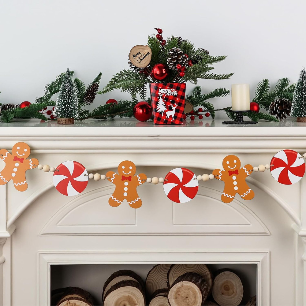 Christmas Wooden Garland Gingerbread Man Peppermint Beads Rustic Xmas Banner