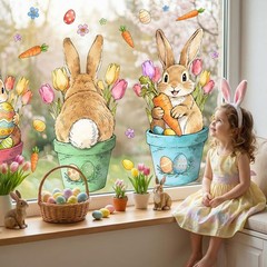 Easter Decorations Window Clings: Cute Little Bunny in the Potted Floral, Rust