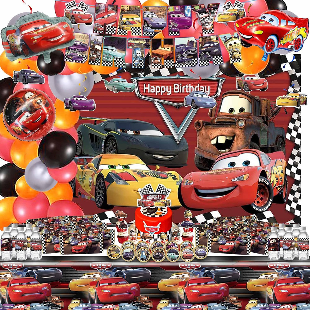 Cartoon Birthday Decorations, Car Themed Party Decorations Set with Balloon, Bac