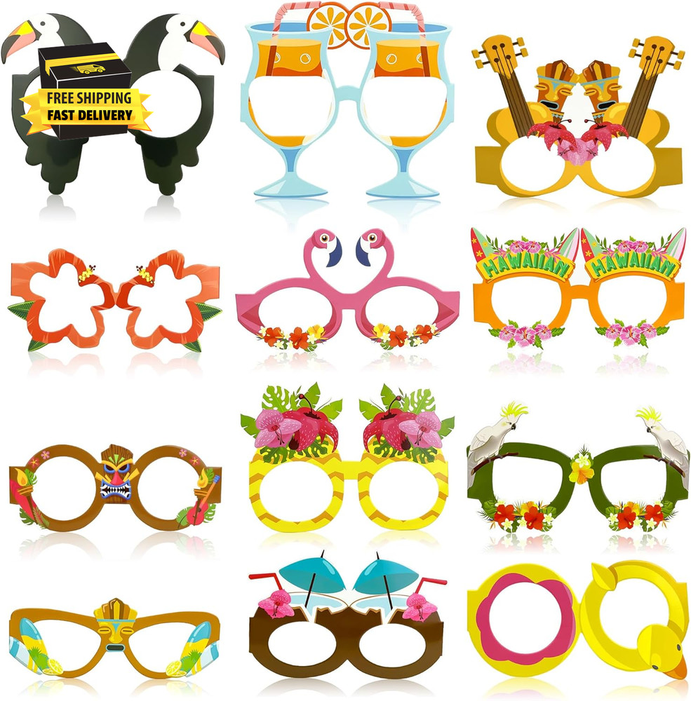 Luau Party Decorations – 12 PCS Hawaiian Theme Paper Eyeglasses for Tropical Bea