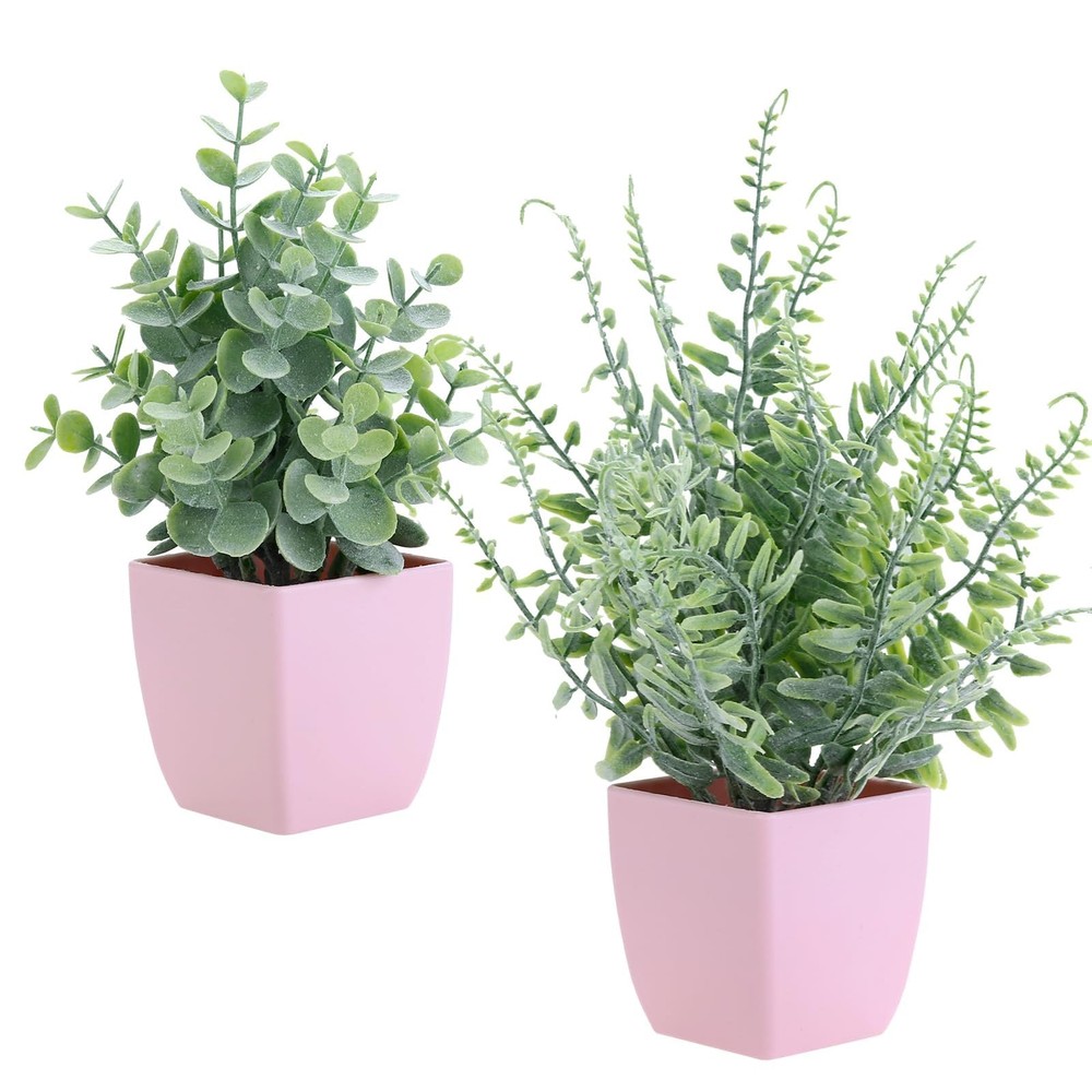 summer flower 2 Pack Small Fake Plants in Pink Pot 9.3 inches, Pink-2