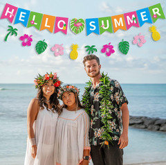 PTFNY Hello Summer Banner and Glittery Hawaiian Luau Tropical Themed Banner Colo