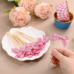 30-Pack Bow Cupcake Toppers, Ribbon Bow Cake Toppers Plaid Bowknot Cupcake Pi…