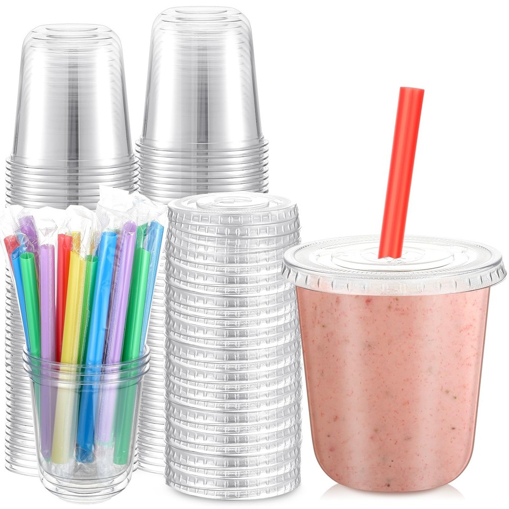 50 Sets Clear Cups with Flat Lids and Jumbo Smoothie Straws Disposable Plasti…