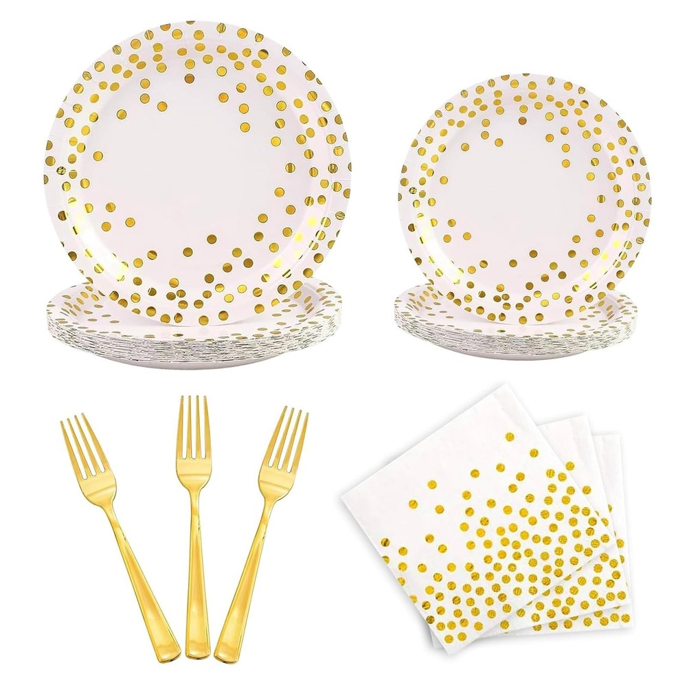 Party Supplies 100 pcs for 25 Guests, Stylish Foil Polka Dots Paper Plates 9 …