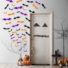 72PCS Halloween Bats Decoration, 4 Sizes PVC Black Orange Purple 3D Stickers
