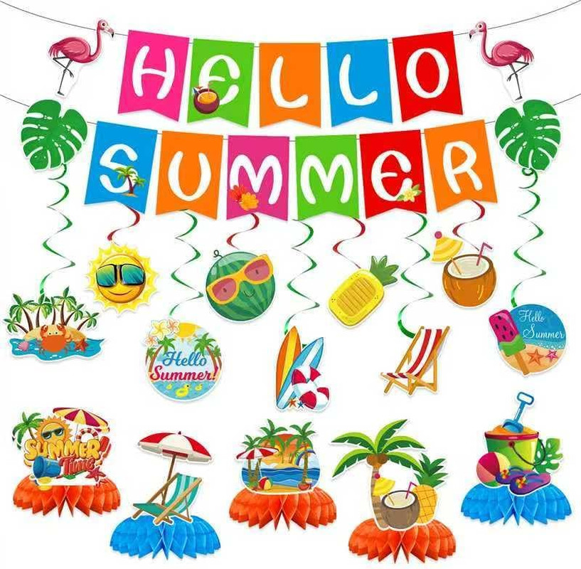 Summer Party Decorations, Hello Summer Banner Hanging Swirls and Honeycomb Cente