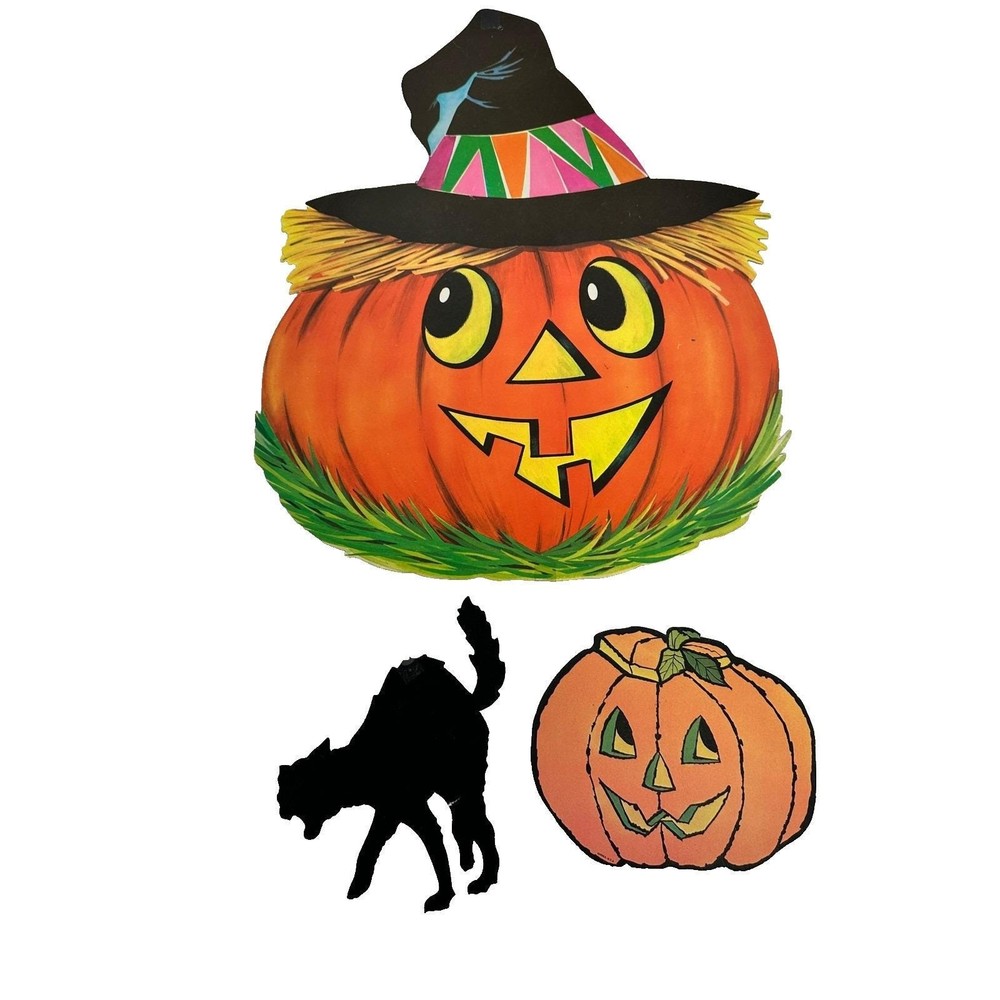 Vintage Halloween Decorations Die Cut Pumpkin Jack O Lantern Black Cat Paper