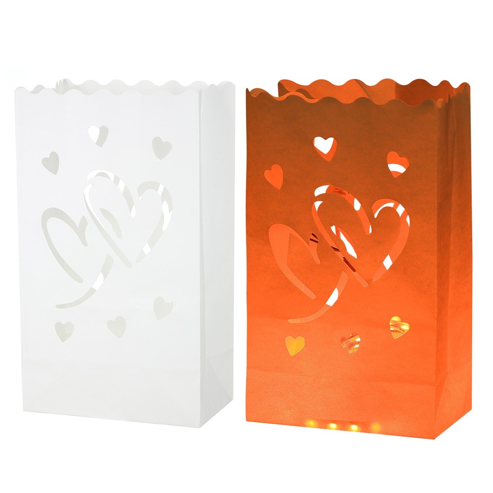 White Paper Luminary Bags, 10 Pcs Double Hearts Flame Resistant Candle Bags
