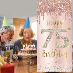 Elegant Pink Rose Gold 75th Birthday Door Banner – 72.8×35.4″ Celebration Decor