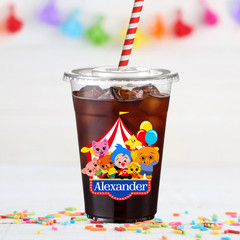 Plim Plim Circus Personalized Party Cups 16 oz | 12 Cups with Lids & Paper Straw