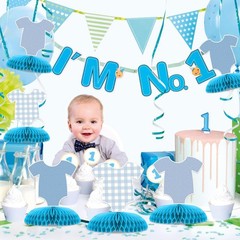 6 Pcs Blue Bodysuit Party Decorations, Blue Gingham Honeycomb Centerpieces, B…