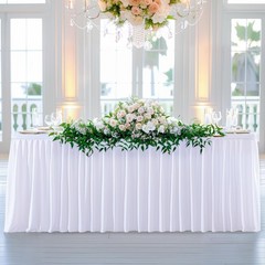 White Polyester Table Clothes for 8 Foot Rectangle Tables, Wrinkle Free Fitted T